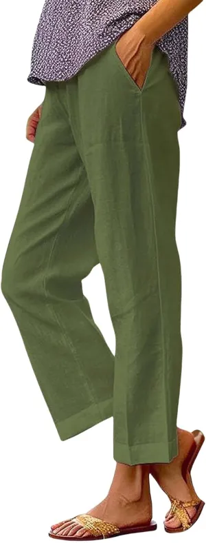Womens Straight Leg Pants Lightweight Breathable Cotton Linen Pant Fashion Elastic Waist Solid Color Casual Pants