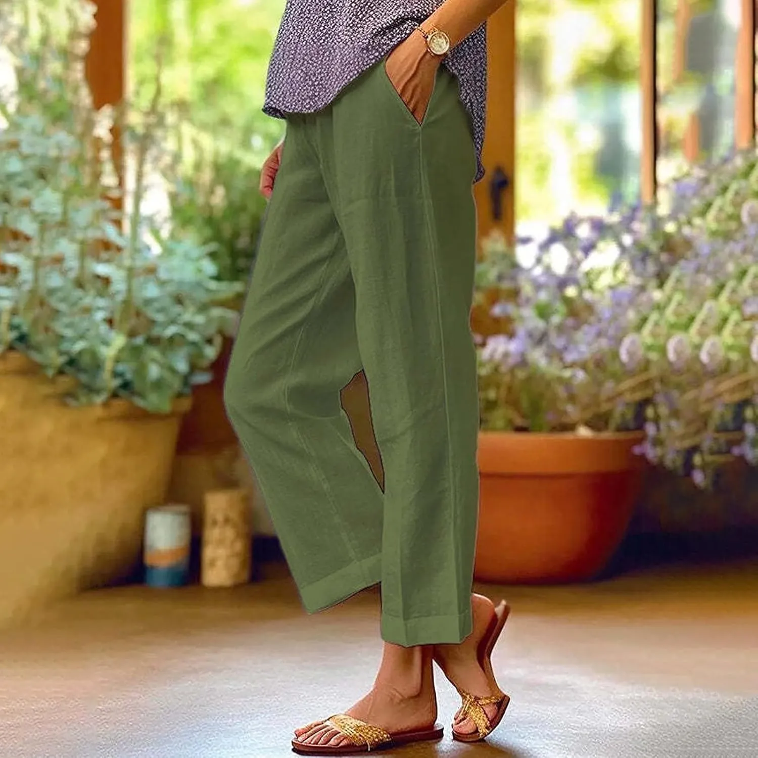 Womens Straight Leg Pants Lightweight Breathable Cotton Linen Pant Fashion Elastic Waist Solid Color Casual Pants
