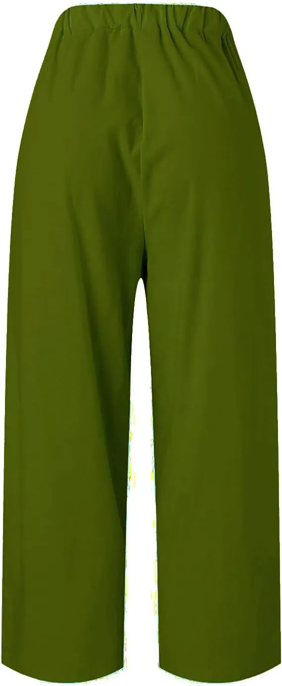 Womens Straight Leg Pants Lightweight Breathable Cotton Linen Pant Fashion Elastic Waist Solid Color Casual Pants
