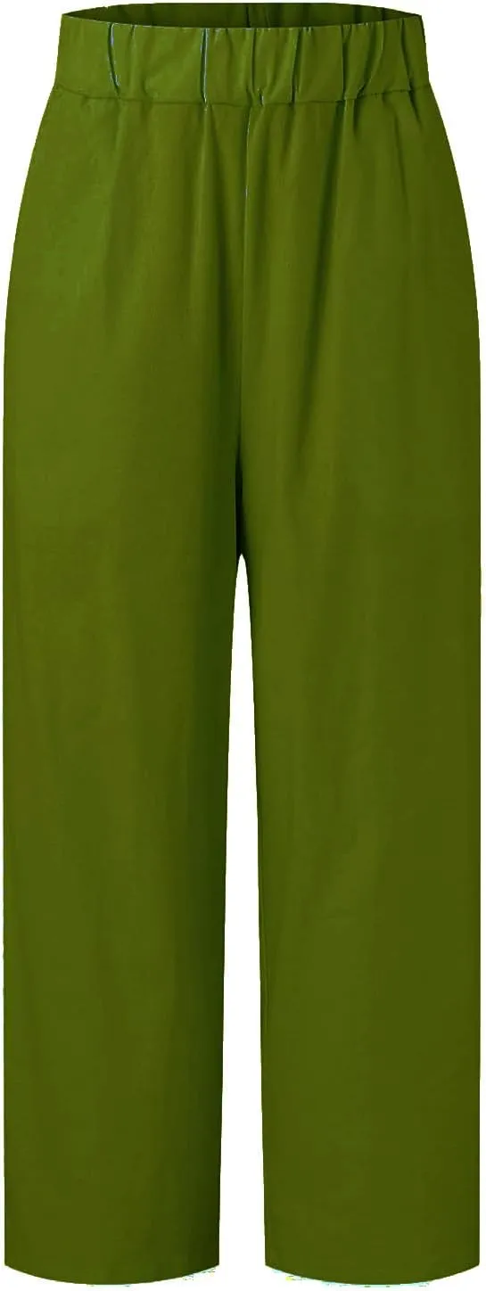 Womens Straight Leg Pants Lightweight Breathable Cotton Linen Pant Fashion Elastic Waist Solid Color Casual Pants