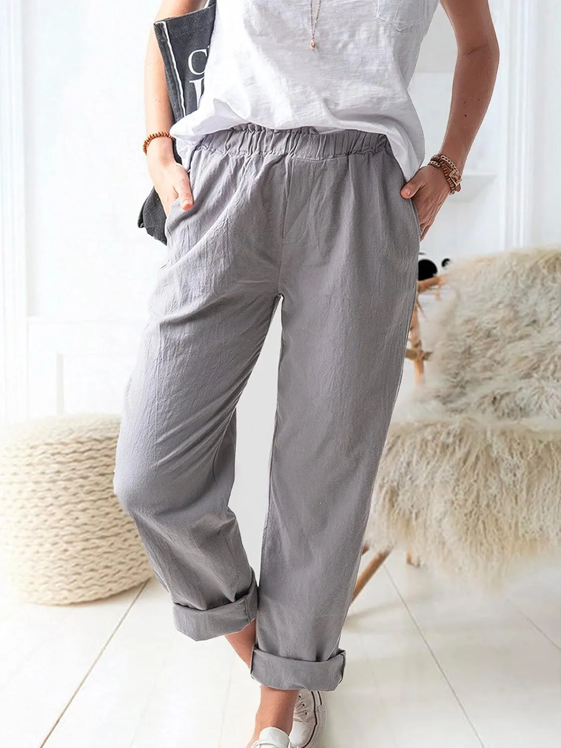 Women's Straight Pants Elastic Waist Casual Trousers Pants with Pockets