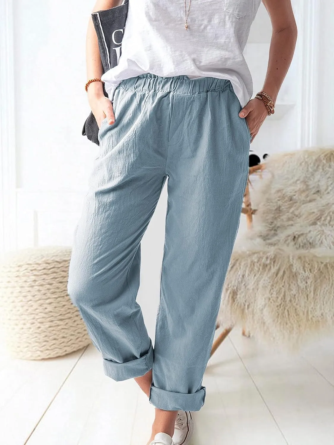 Women's Straight Pants Elastic Waist Casual Trousers Pants with Pockets