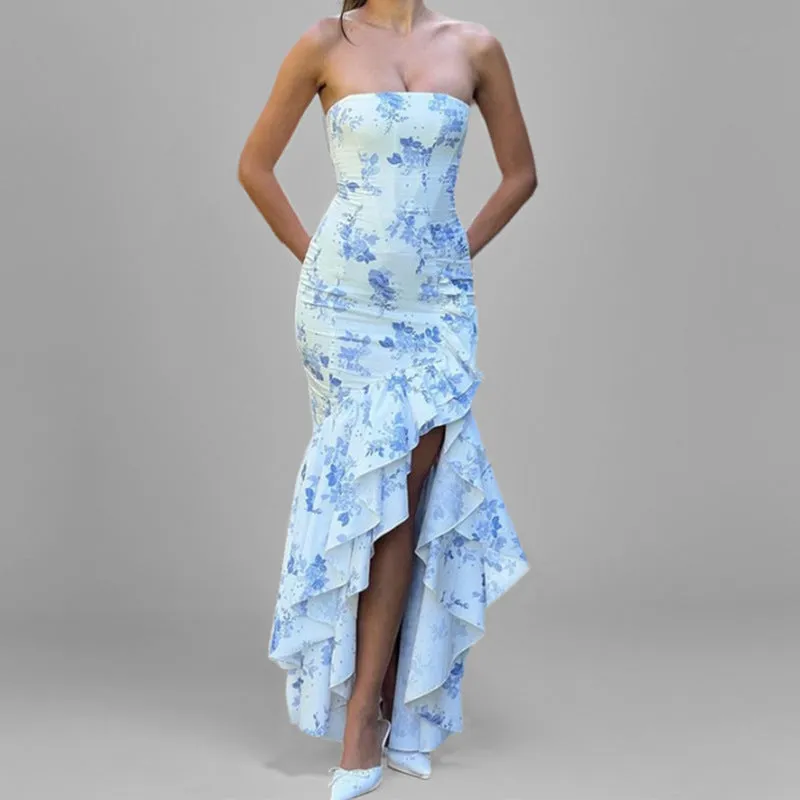 Womens Strapless Dress  Slim Fit  Satin Feel  Asymmetrical Ruffle Hem  Formal Wear