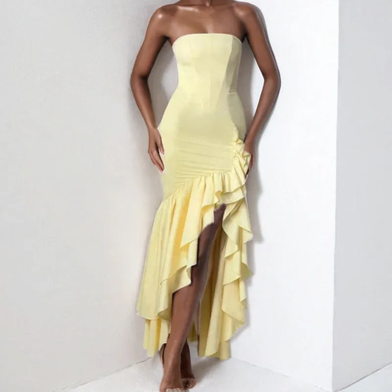 Womens Strapless Dress  Slim Fit  Satin Feel  Asymmetrical Ruffle Hem  Formal Wear