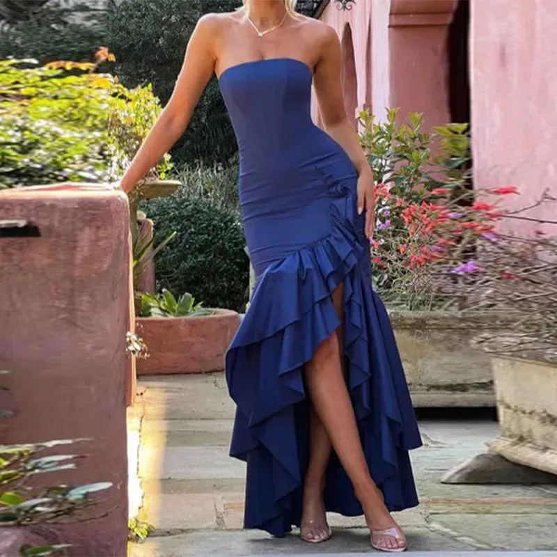Womens Strapless Dress  Slim Fit  Satin Feel  Asymmetrical Ruffle Hem  Formal Wear