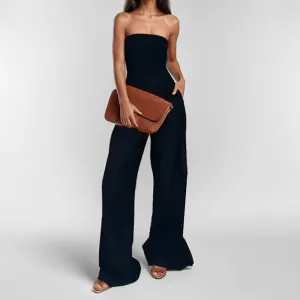 Womens Strapless Jumpsuit  Satin Finish  Fitted Bodice  Wide Leg Formal Wear