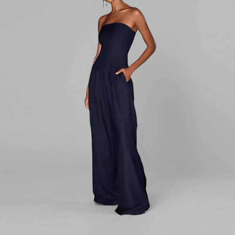 Womens Strapless Jumpsuit  Satin Finish  Fitted Bodice  Wide Leg Formal Wear