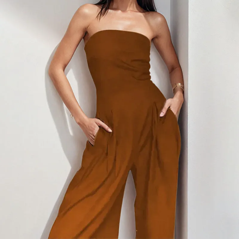 Womens Strapless Jumpsuit  Satin Finish  Fitted Bodice  Wide Leg Formal Wear