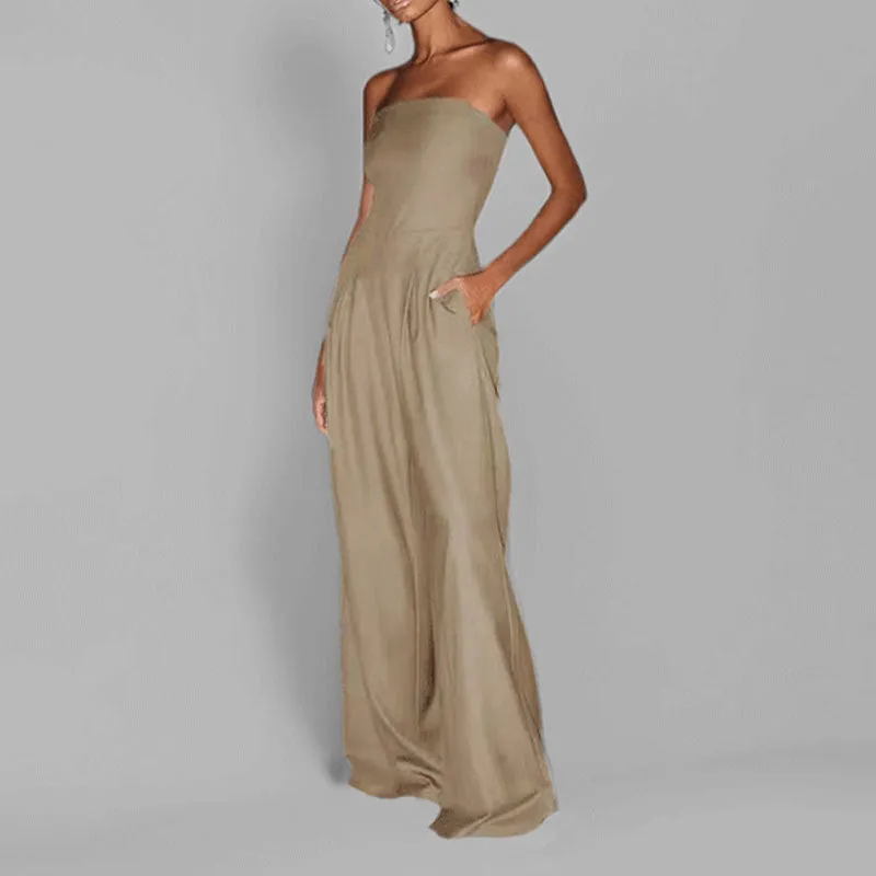 Womens Strapless Jumpsuit  Satin Finish  Fitted Bodice  Wide Leg Formal Wear