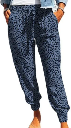Womens Tapered Pants Leopard Print Drawstring Elastic High Waist Long Pants Loose Soft Casual Trousers with Pockets