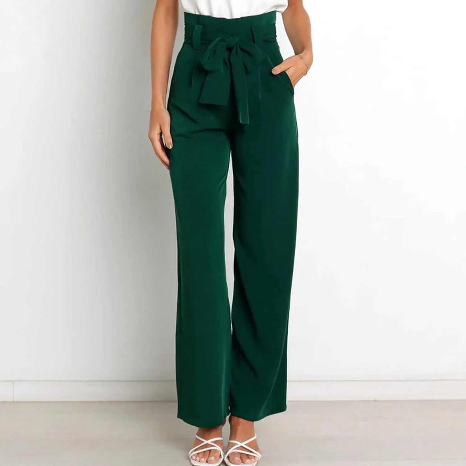 Women's Wide Leg Pants High Elastic Waisted in The Back Business Work Trousers Long Straight Suit Pants