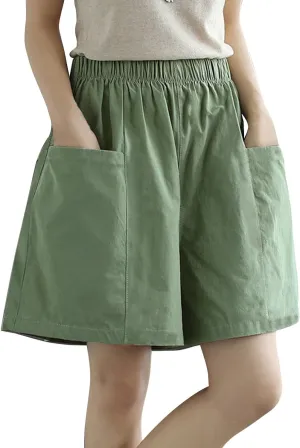 Womens Wide Leg Shorts for Women with Pockets Elastic Waist Linen Shorts Y2k Casual Loose Comfy Cotton Outdoor Short Pants