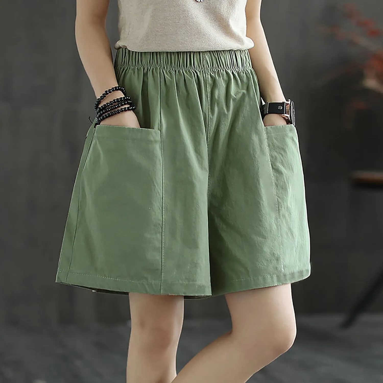 Womens Wide Leg Shorts for Women with Pockets Elastic Waist Linen Shorts Y2k Casual Loose Comfy Cotton Outdoor Short Pants