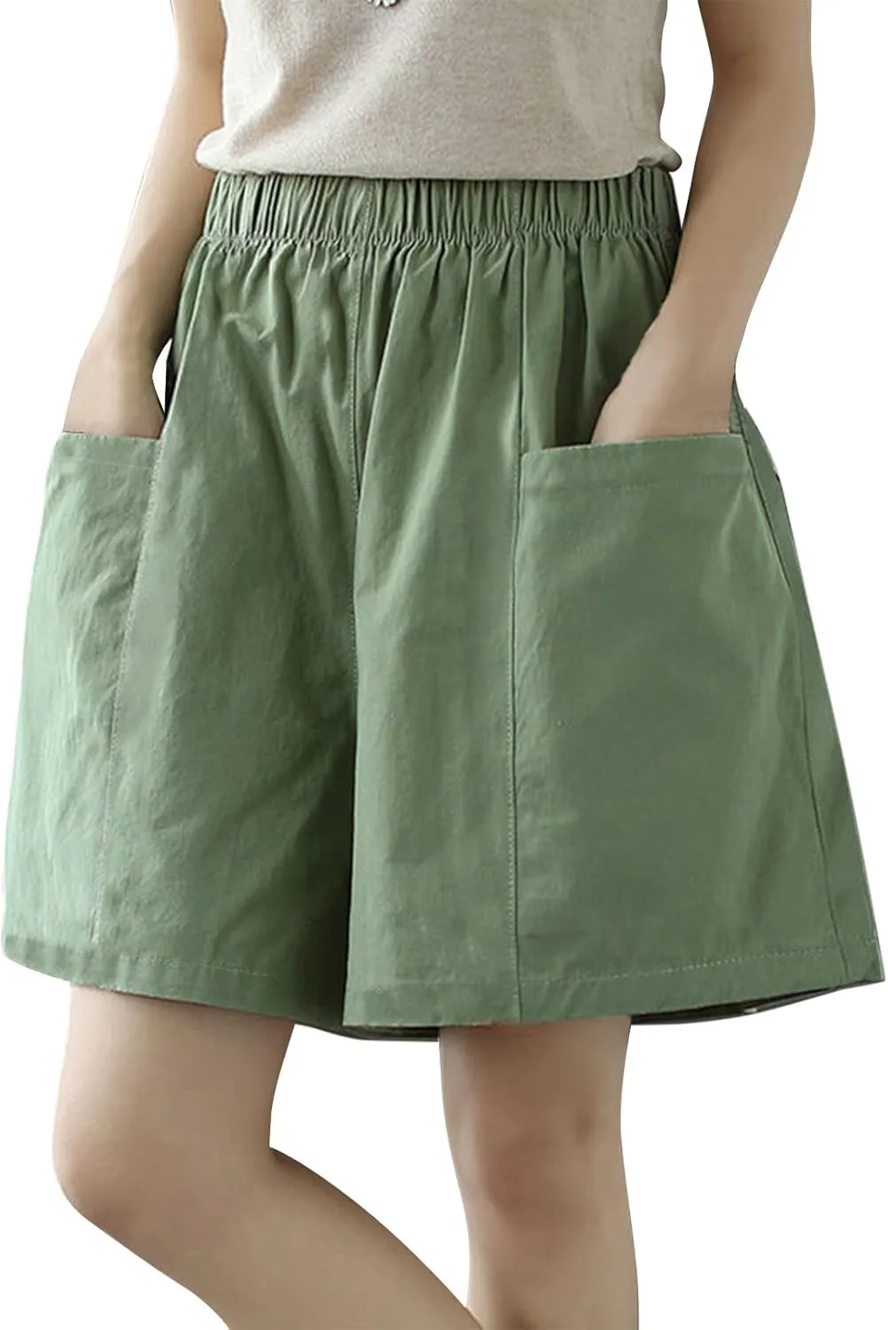 Womens Wide Leg Shorts for Women with Pockets Elastic Waist Linen Shorts Y2k Casual Loose Comfy Cotton Outdoor Short Pants