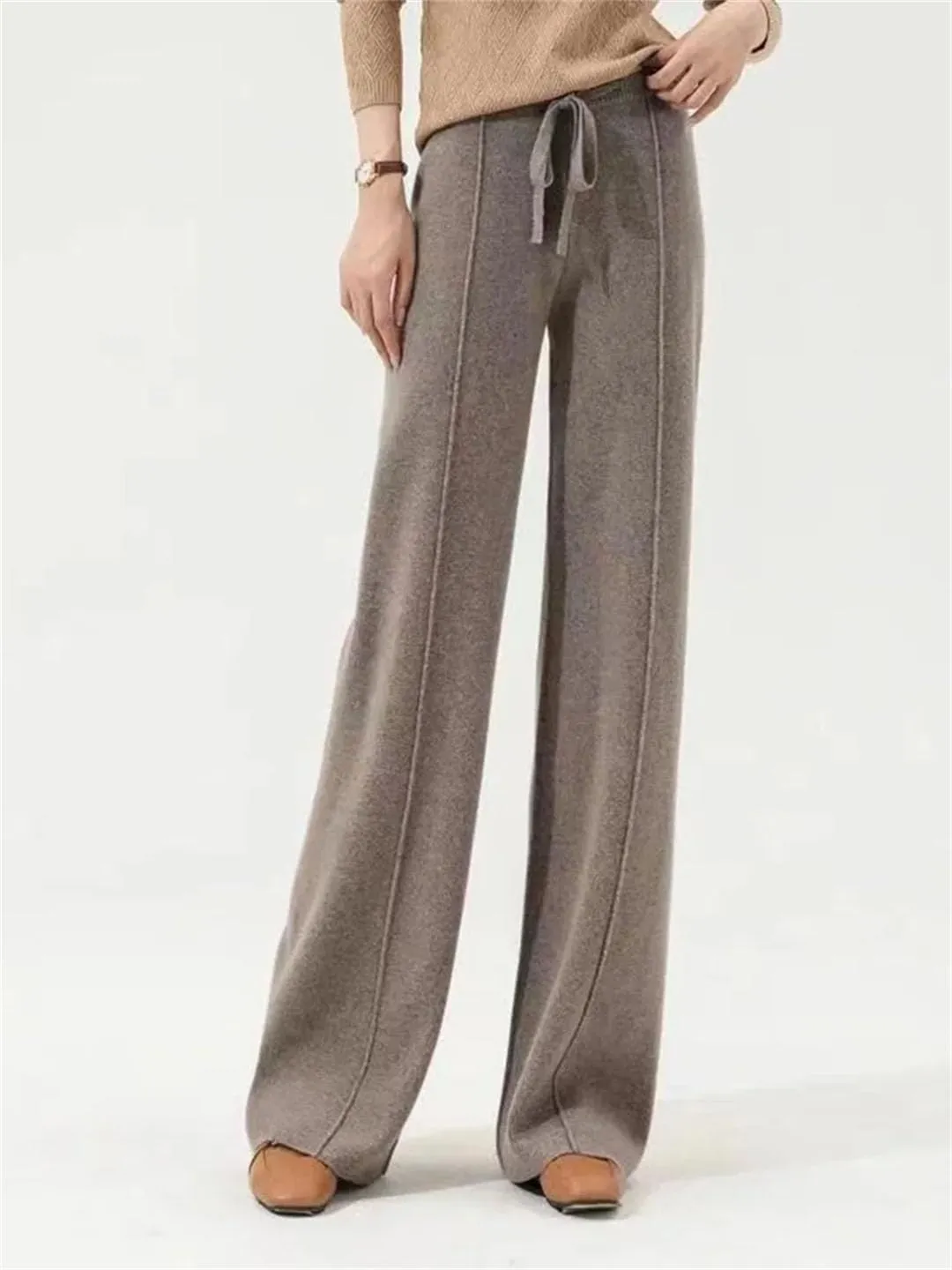 Women's Wool Pants Cashmere Wide Leg Trousers Long Britches Knit Loose High Waist Pants