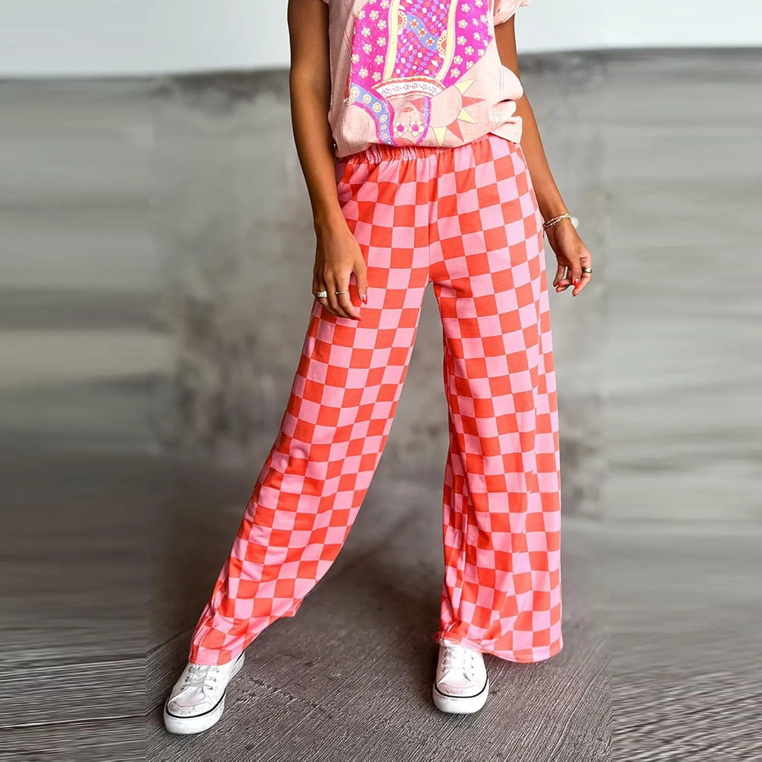 Womens Y2K Checkered Wide Leg Pants High Elastic Waist Plaid Straight Loose Fit Lounge Trouser Going Out Streetwear