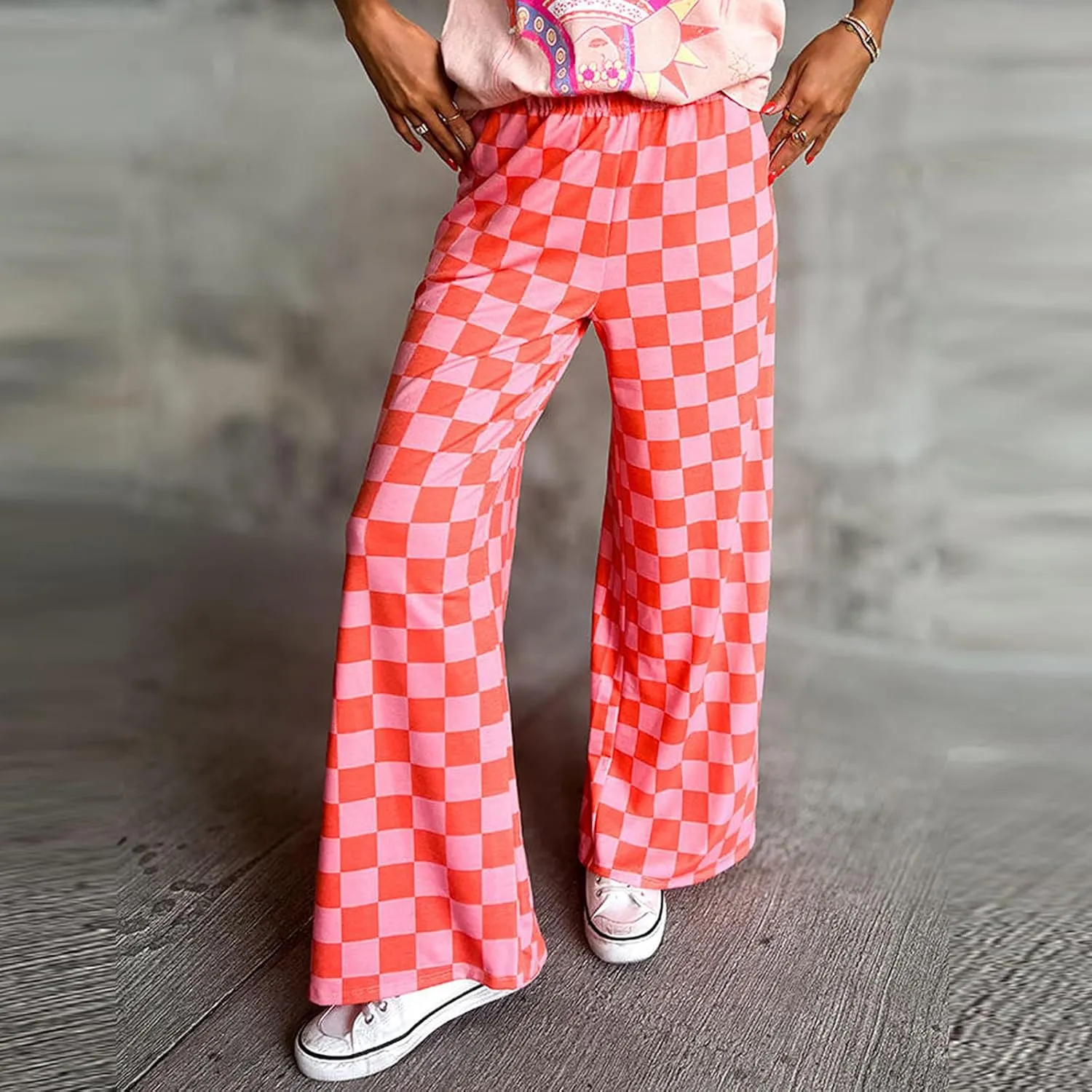 Womens Y2K Checkered Wide Leg Pants High Elastic Waist Plaid Straight Loose Fit Lounge Trouser Going Out Streetwear