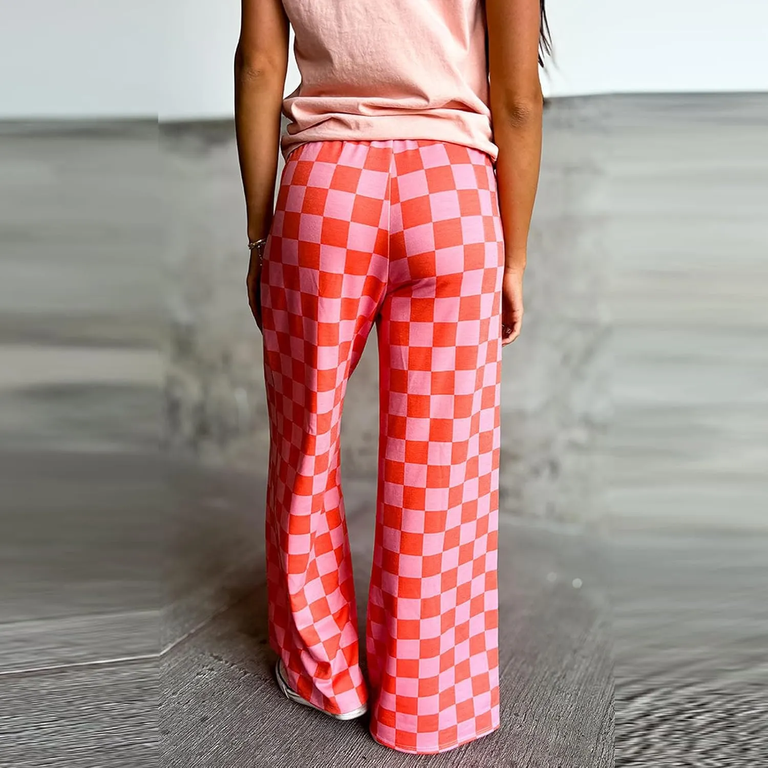 Womens Y2K Checkered Wide Leg Pants High Elastic Waist Plaid Straight Loose Fit Lounge Trouser Going Out Streetwear