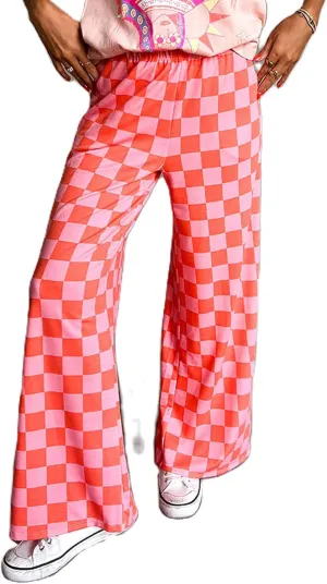 Womens Y2K Checkered Wide Leg Pants High Elastic Waist Plaid Straight Loose Fit Lounge Trouser Going Out Streetwear